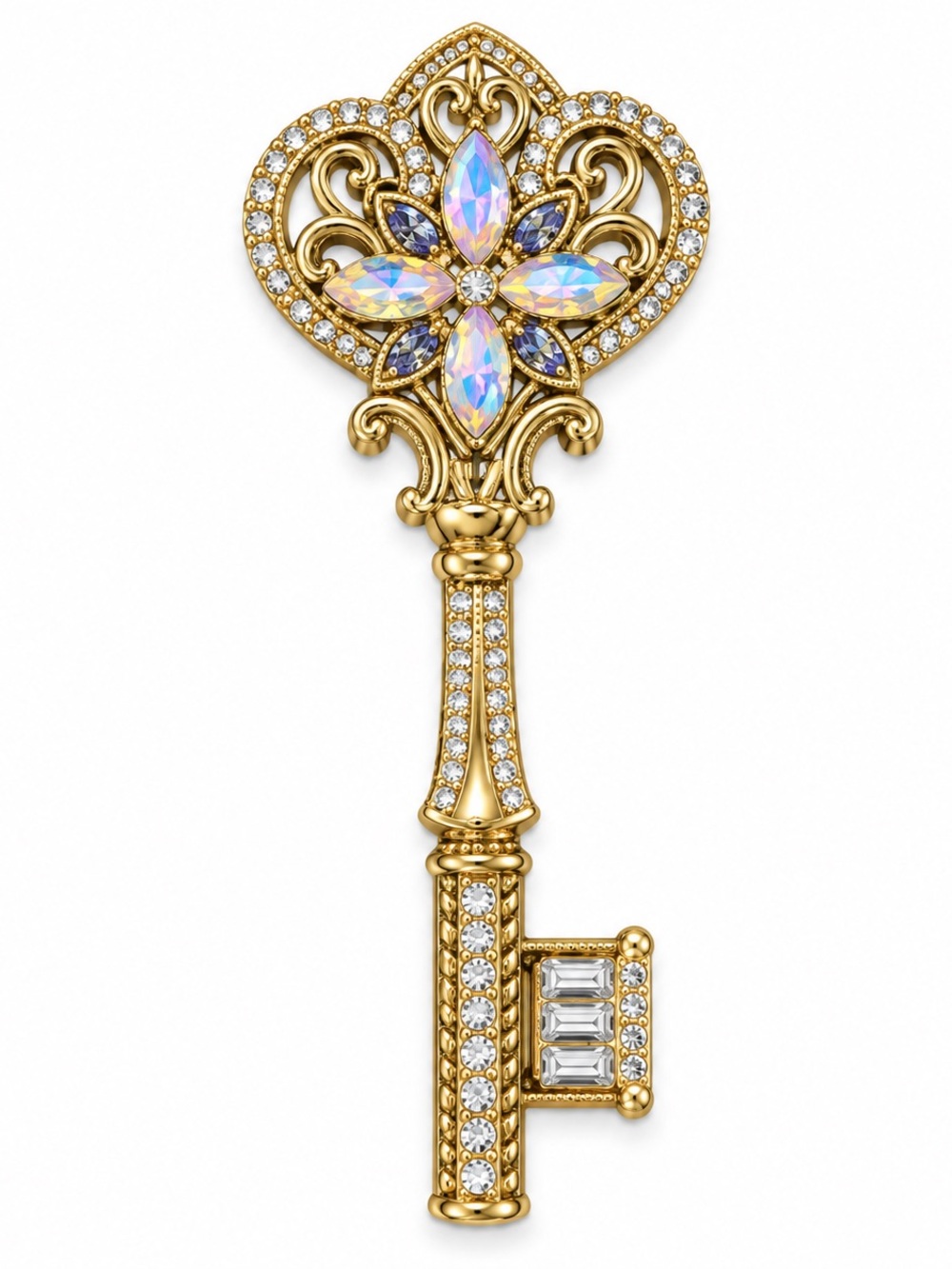 Gold Jeweled Key Broach with Iridescent Crystal Flower Women Jewelry 🆕